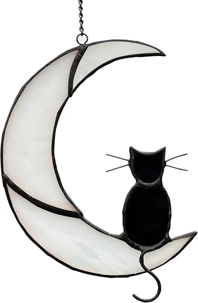 Black Cat Decor On White Moon Stained Glass Window Hanging Suncatcher for Windows Panels Sun Catcher Halloween Ornament Decoration Memorial Gift Cat for Lover Cat Loss by GreenHaven Gardens