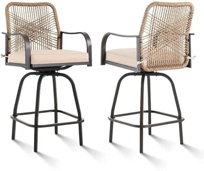Outdoor Bar Stools Set of 2, Patio Swivel Counter Height Rattan Bar Stools, Patio Wicker Bar Swivel Chairs with Cushion, Outdoor Pool Bar Chairs for Backyard Garden Balcony w /360 Rotation by GreenHaven Gardens