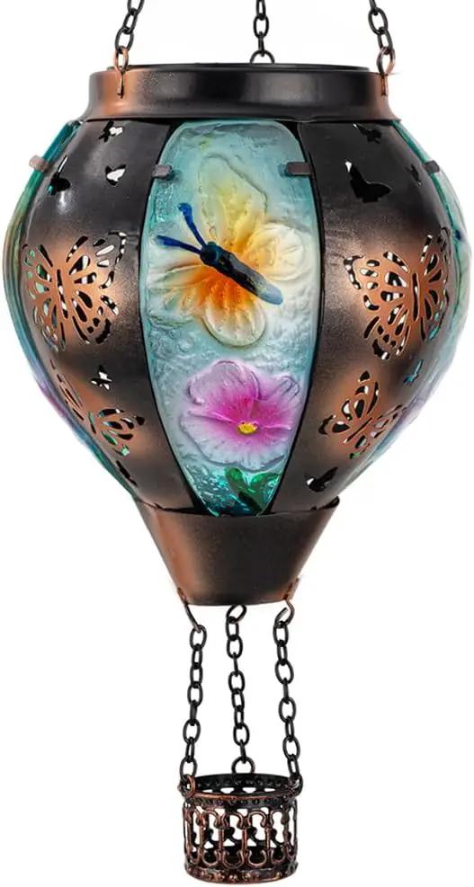 DREAMSOUL Butterfly Hot Air Balloon Solar Lantern, Glass & Metal Outdoor Lantern Hanging Solar Lanterns Outdoor Waterproof for Garden Patio Party by GreenHaven Gardens