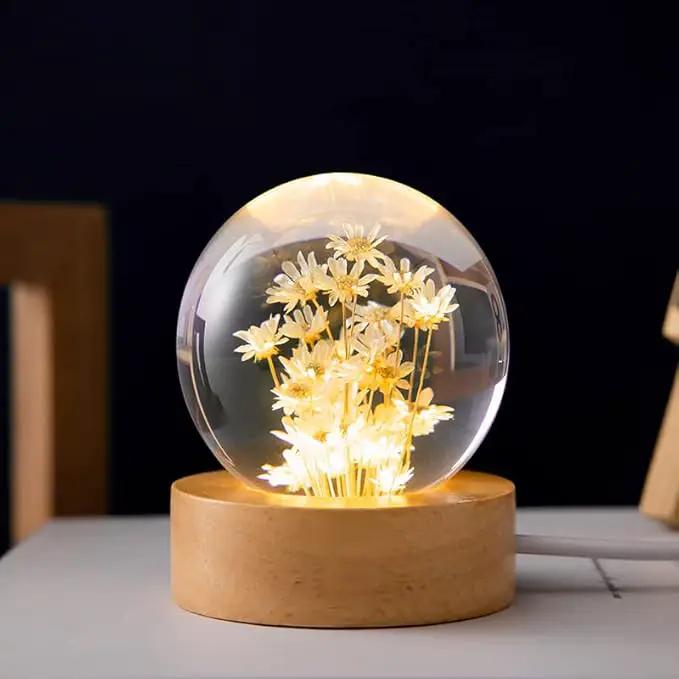 Flower Crystal Ball Night Light, 2.4 inch Glass Ball Night Lamp with Woodern Base (Yellow Daisy) by GreenHaven Gardens