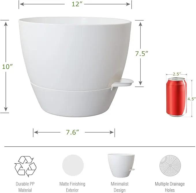 12inch Self Watering Pots, Plastic Planters with Mesh Drainage Holes and Deep Reservoir for Indoor Outdoor Garden Plants and Flowers, White by GreenHaven Gardens