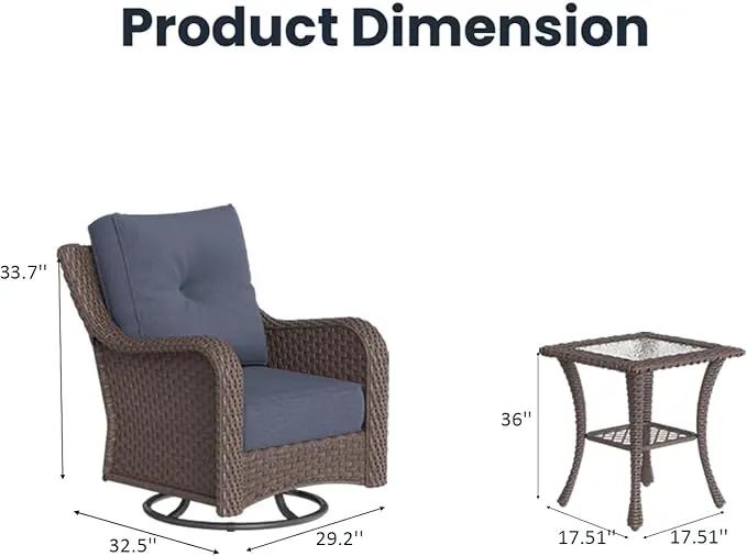 3 Pieces Outdoor Patio Furniture Sets with Rocking Swivel Chairs with 6-inch Thick Cushion and Side Table for Deck Lawn by GreenHaven Gardens
