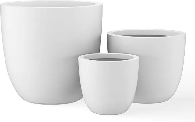 Kante 18",14",10" Dia Concrete Round Planters (Set of 3), Outdoor Indoor Large Planter Pots with Drainage Hole and Rubber Plug for Home Patio Garden, Pure White by GreenHaven Gardens