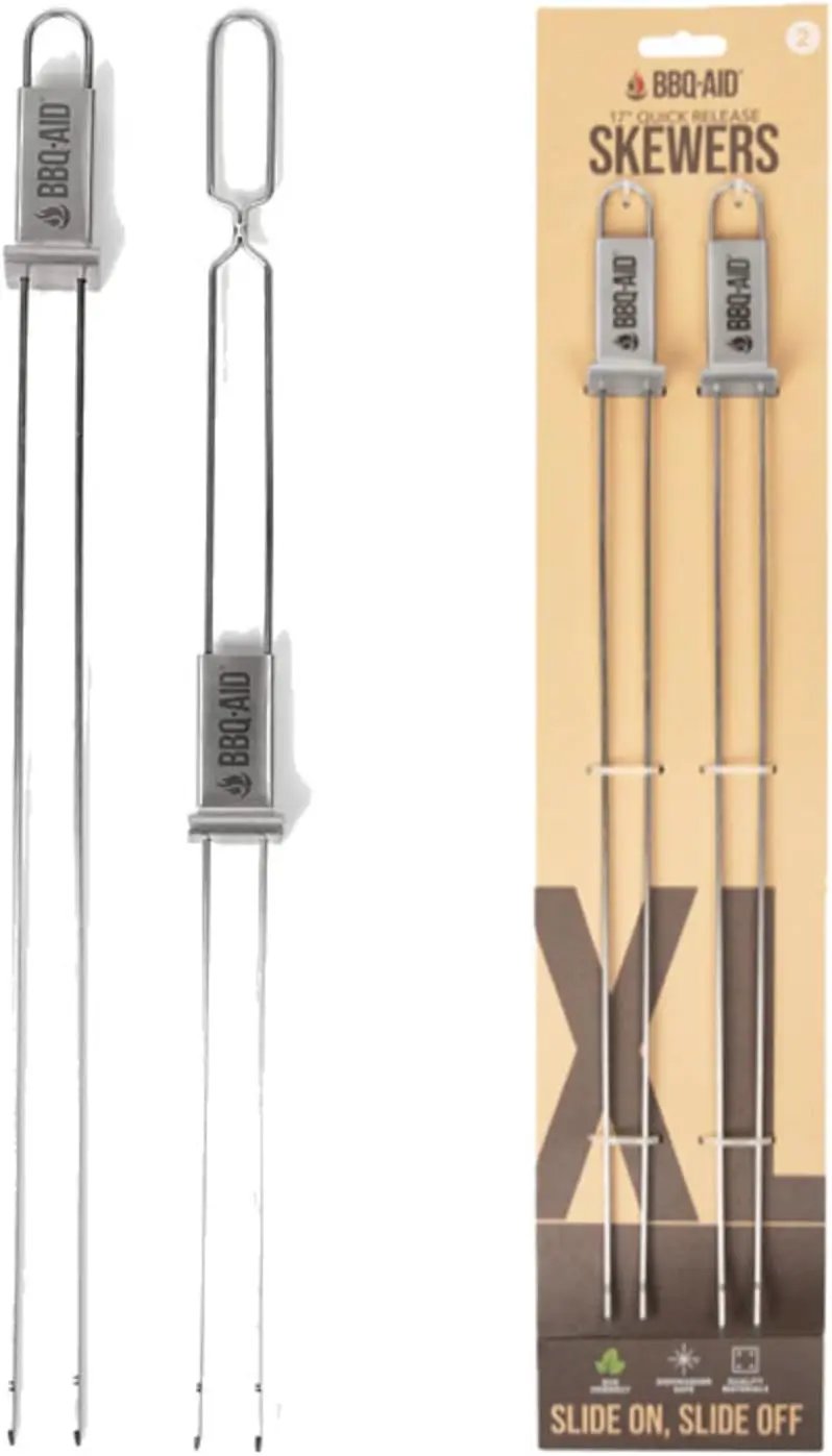 BBQ-AID Extra Long 17" Skewers - Quick Release Barbecue Metal Skewers for Kabobs - Double Pronged, Stainless Steel by GreenHaven Gardens
