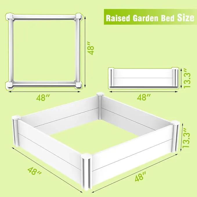 Raised Garden Bed Kit 4'x4' Outdoor Above Ground Planter Box for Growing Vegetables Flowers Herbs, DIY Gardening, Whelping Pen and More, Screwless White Vinyl Garden Bed with Grid by GreenHaven Gardens