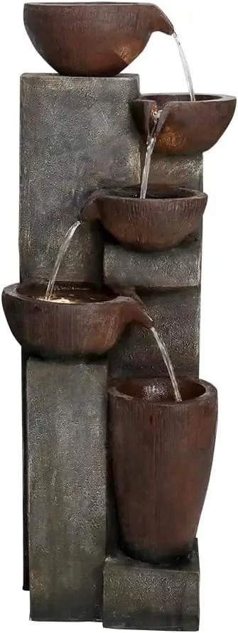 SunJet 5-Tier Cascading Indoor/Outdoor Water Fountain with LED Lights - 39.7" High Large Waterfall Floor Standing Fountain for Garden, Patio, Yard, and Deck Decor - Relaxing Outdoor Water Feature by GreenHaven Gardens