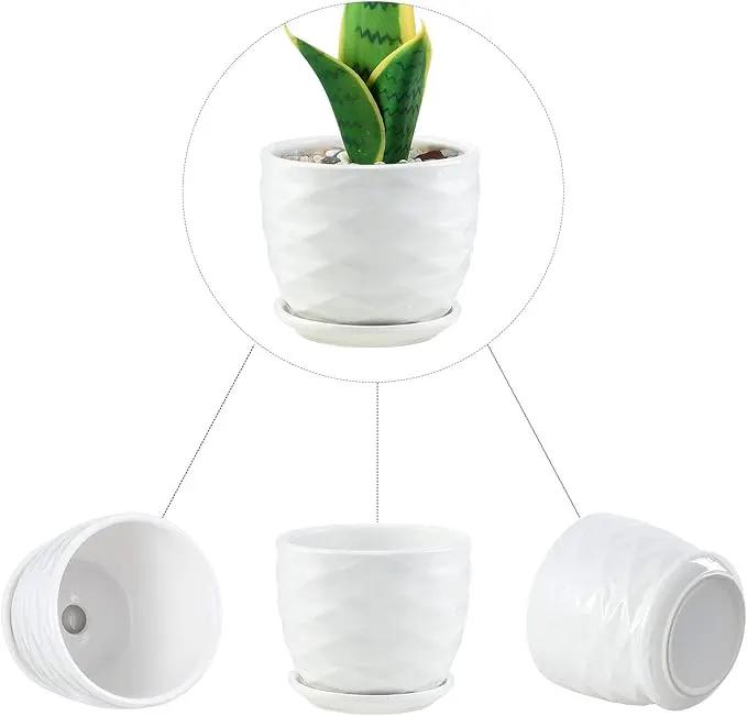 Plant Pots - 4.7 Inch Cylinder Ceramic Planters with Connected Saucer, Pots for Succuelnt and Little Snake Plants, Set of 4, White by GreenHaven Gardens