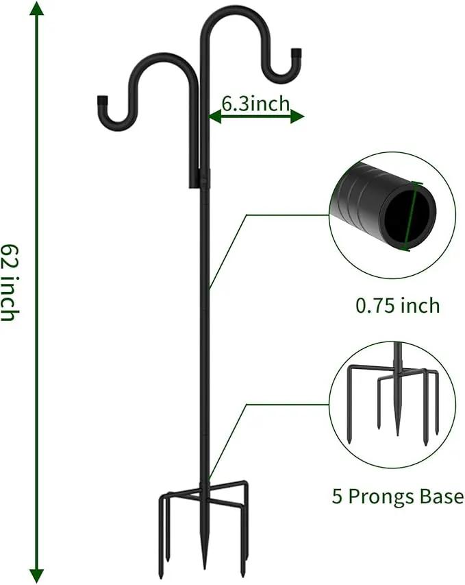 Double Shepherds Hooks for Outdoor, Bird Feeder Pole with 5 Prongs Base, Heavy Duty Garden Hook for Lantern, Wind Chime and Hummingbird Feeder, 62 Inch, 2 Pack by GreenHaven Gardens