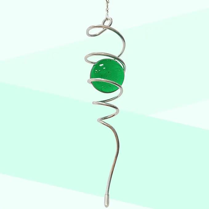 Wind Spinner Gazing Ball Spiral Tail,Decorative Wind Spinner 11inch Tail and 2 inch Glass Orb. Indoor Outdoor Wind Spinner Tail Sun Catcher Garden Decoration-13 inch Height(Green) by GreenHaven Gardens