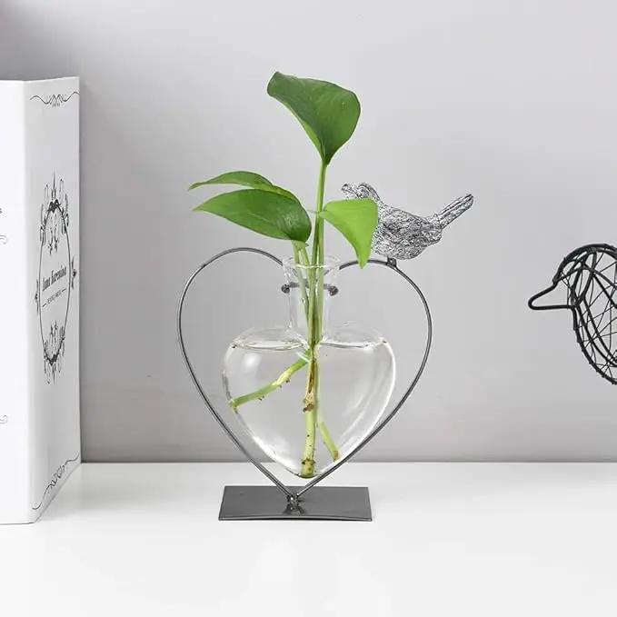 Marbrasse Desktop Glass Vase, Bulb Glass Vases for Holder, Creative Bird with Heart Planter Vase, Plant Terrarium Metal Stand for Modern Office Home Wedding Decorations by GreenHaven Gardens
