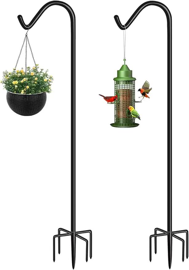 Shepherds Hook for Outdoor Bird Feeders Pole 92 Inch Tall, Adjustable Heavy Duty Garden Hanger Stake Pole with 5 Prong Base, Shiny Black (2 Packs) by GreenHaven Gardens