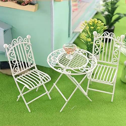 Dollhouse Miniature Bistro Table & Chairs Set Accessories Metal 1:12 Scale Miniatures White Coffee/Tea Furniture Fairy Garden Cute Rustic Elegant Decorations Ornaments (C) by GreenHaven Gardens