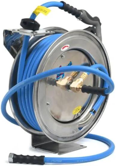Auto Retractable Water Hose Reel with Hot & Cold Water Rubber Garden Hose, Spray Nozzle - Ultra Light, Super Strong with 6' Lead-in Hose (1/2" x 50' Stainless Steel) by GreenHaven Gardens