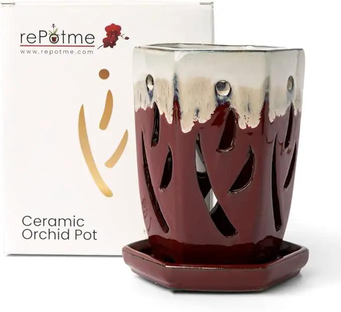 rePotme 4 x 6 inch Ceramic Orchid Pot (Cream Over Garnet) - Hexagon Orchid Pot with Holes by GreenHaven Gardens