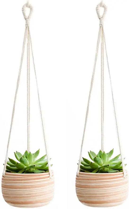 Mkono Ceramic Hanging Planter Macrame Plant Holder 5 Inch Cute Succulent Cactus Pot with Cotton Rope Hanger for Indoor Outdoor Decor, 2 Pack by GreenHaven Gardens