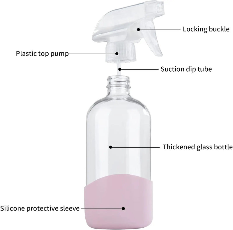 HOMBYS 8 Oz Empty Clear Glass Spray Bottles with Silicone Sleeve Protection Refillable Containers for Cleaning Solutions, Essential Oils, Misting Plants - Quality Sprayer - 3 Pack Boston Bottles by GreenHaven Gardens