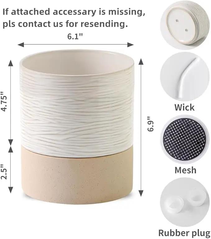 Nihow Self Watering Plant Pot: 6 Inch Ceramic Planter with Drainage Hole & Water Storage Plus for Indoor & Outdoor Plants - Cylinder Round Flower Pot for Succulent/Herbs/Violets - Cream White & Brown by GreenHaven Gardens