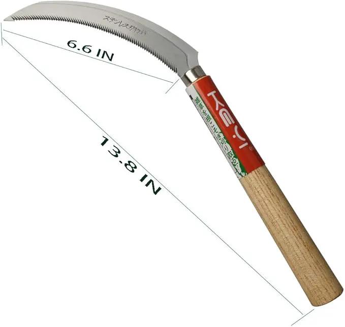 EYI Grass Sickle,Saw Tooth Sickle, Hand held Sickle Tool,Harvest Sickle with Wooden Handle, Light Serration, 6.6-Inch Stainless Steel Blade by GreenHaven Gardens