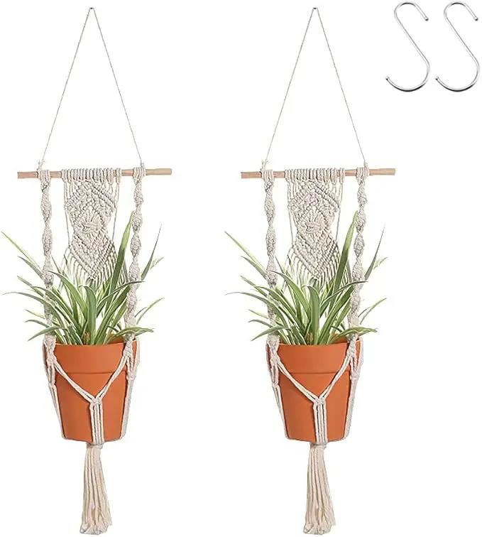Boho Macrame Plant Hangers - Handmade Hemp Rope Hanging Baskets for Plants with Ceiling Hooks, Bohemian Home Decor Wall Art by GreenHaven Gardens