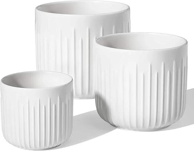 LE TAUCI Fluted Ceramic Planters Set of 3 – 8.3/7 / 5.7 in White Cylinder Indoor Plant Pots with Drainage Plug & Mesh, Matte Glazed Stoneware Flower Pots for Succulent Herb Cactus by GreenHaven Gardens
