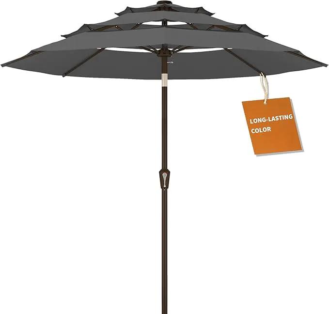 Kingdura 9ft 3-Tier Patio Umbrella, Outdoor Table Umbrella with Easy Crank & Tilt, 8 Reinforced Ribs, UV Protection for Deck, Pool, Market, Backyard (Grey) by GreenHaven Gardens