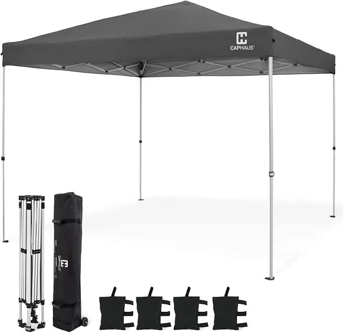 CAPHAUS Patented One-Push Pop Up Outdoor Canopy Tent, Heavy-Duty Commercial Grade w/Central Lock, Portable and Instant Folding Shelter with Wheeled Carry Bag and Weight Bag, 10ft x 10ft, Dark Grey by GreenHaven Gardens