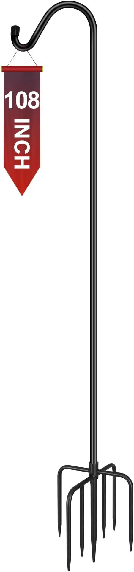 Gtongoko Tall Shepherds Hook for Outdoor, 108 Inch Bird Feeder Pole with 7 Prongs Base, 5/8 Inch Thick Heavy Duty Adjustable Garden Hook for Hanging Plant, Lantern, Hummingbird Feeder, 1 Pack by GreenHaven Gardens