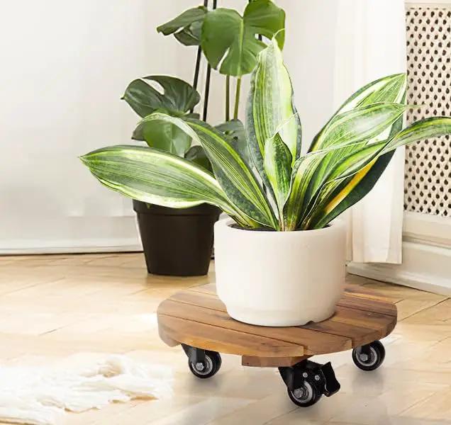 Idzo 16inches Capacity 500lbs Wood Plant Caddy With Wheels Heavy Duty, Acacia Hardwood Plant Dolly, Plant Stand with 360° Lockable Wheels for Plant Pots, Heavy Objects Hauling - Natural Wood by GreenHaven Gardens