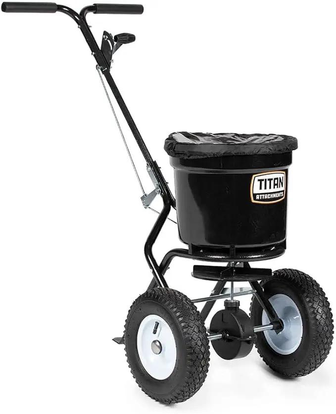 Titan Attachments 50 lb Professional Fertilizer Push Broadcast Spreader, Spreads 10 to 12 FT, Lawn Care and Ice Melter, Yard Tool by GreenHaven Gardens