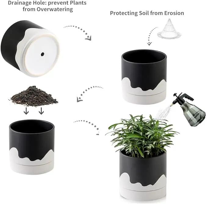Nihow Ceramic Plant Pot: 6 Inch Planter with Drainage Hole & Saucer for Indoor & Outdoor Plants - Cylinder Round Flower Pot for Succulent/Herbs/Violets - Black & Wave White by GreenHaven Gardens