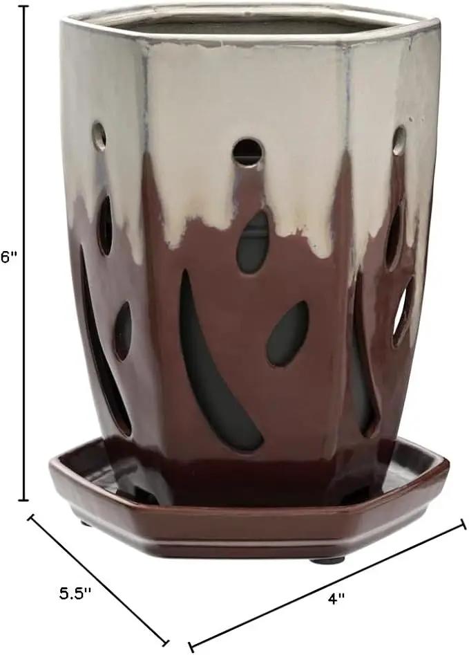 rePotme 4 x 6 inch Ceramic Orchid Pot (Cream Over Garnet) - Hexagon Orchid Pot with Holes by GreenHaven Gardens