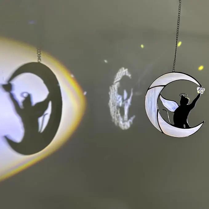 Stained Glass Suncatcher: Angel-Winged Cat Catching Butterfly on Moon - Memorial Gift for Cat Loss by GreenHaven Gardens