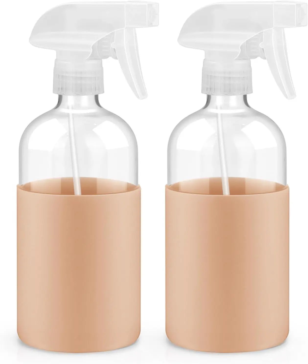 2 Pack Glass Spray Bottles with Long Silicone Sleeve, 16 oz Empty Refillable Containers with Adjustable Spray Nozzles, Spray Bottles for Hair, Cleaning Solutions and Plants khaki by GreenHaven Gardens