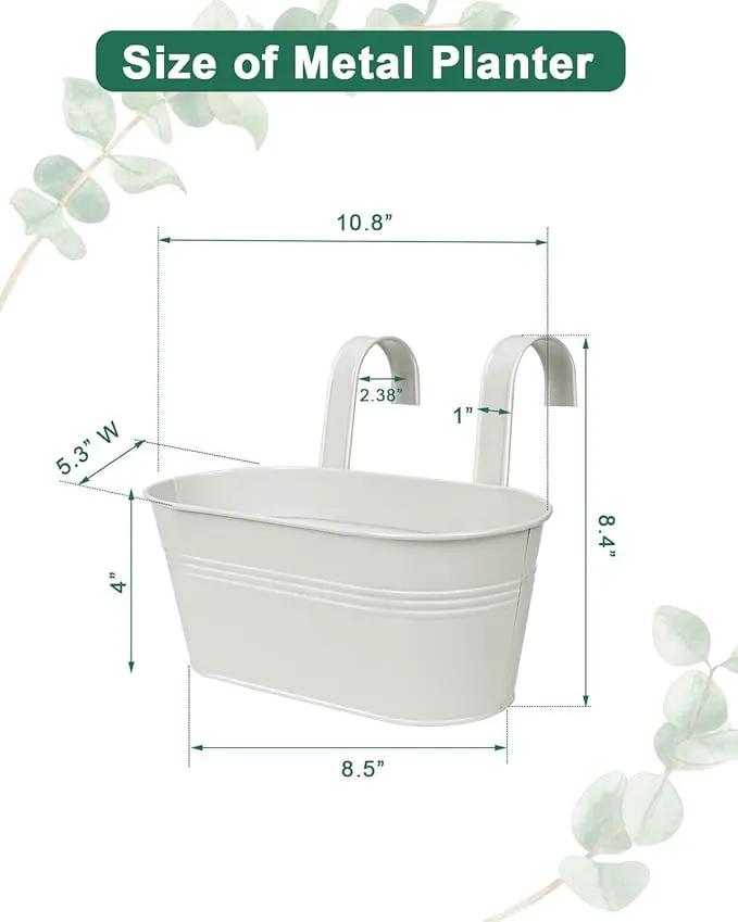 vensovo Metal Railing Planter for Outdoor Plants - 5 Pack Balcony Hanging Flower Pots with Detachable Hooks and Drain Holes Oval Bucket Rail Box Fence Planters for Home Garden Decor, White by GreenHaven Gardens