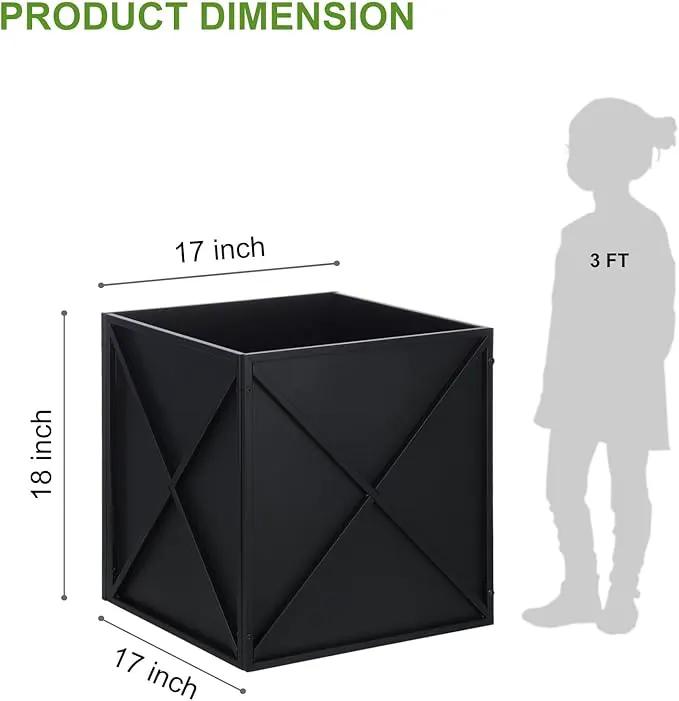 Metal Square Planter Box Tall Planters for Outdoor Plants Modern Heavy Duty with Drainage Holes for Outside Indoor Patio Deck - Black, 17”x 17”x 18” by GreenHaven Gardens