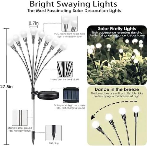OZS Solar Garden Lights 12pack 96LED Solar Garden Lights - Solar Firefly Lights Outdoor, Solar Swaying Light, Sway by Wind, Solar Fairy Lights Waterproof for Pathway Decoration (Cool White) by GreenHaven Gardens
