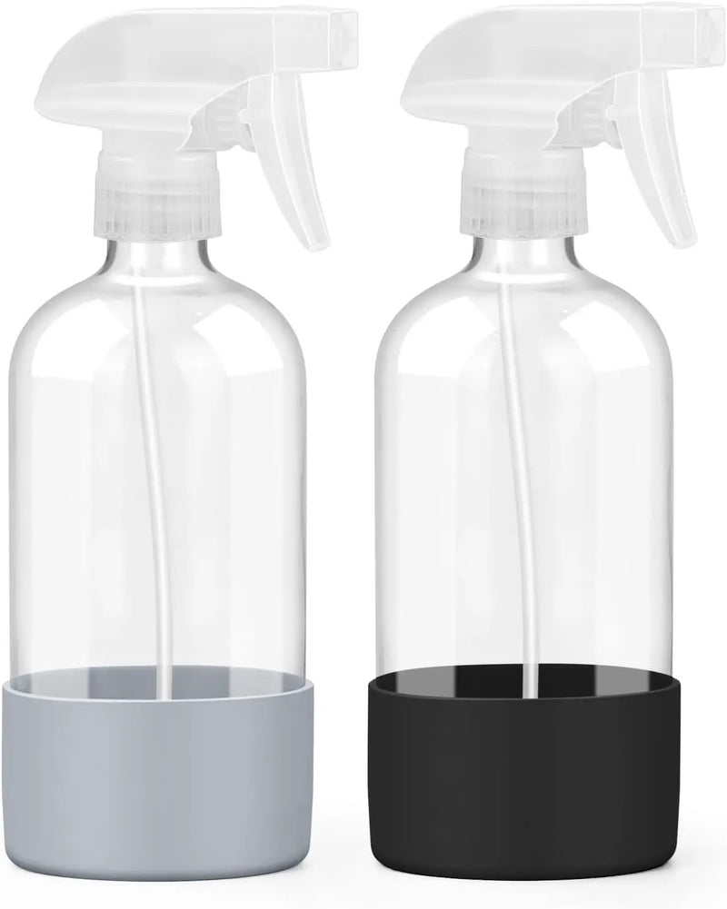 2 Pack Glass Spray Bottles with Silicone Sleeve, 16 oz Empty Refillable Containers with Adjustable Spray Nozzles, Spray Bottles for Hair, Cleaning Solutions and Plants Black&Grey by GreenHaven Gardens