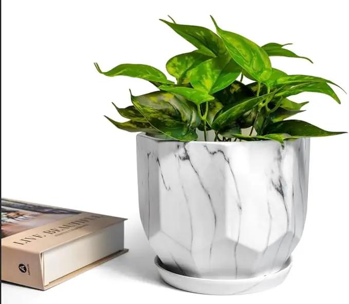 Large 7 Inch Marble White Plant Pots Planters with Saucer Tray, Mesh Pad, Drainage Hole and Stopper, Hand Glazed Flower Pot, Garden Indoor Outdoor Planter, Modern Home Decor (Ceramic, White) by GreenHaven Gardens