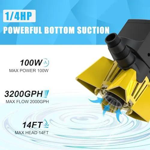 3200GPH Sump Pump - 100W Submersible Water Pump with Barrier Bag, Ultra Quiet Aquarium Pump with 33FT Power Cord for Pond, Waterfall, Fish Tank, Statuary, Hydroponic, Yellow by GreenHaven Gardens
