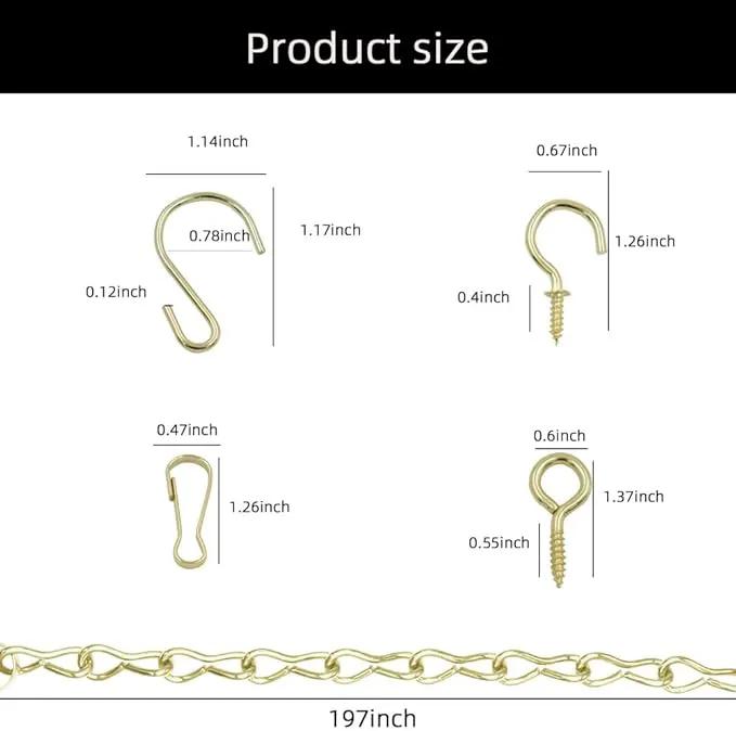 197 Inch Gold Hanging Baskets - Adjustable Length, Brass Decorative Metal Chain with A Great Assortment of Hooks for Hanging Bird Feeders Planters Baskets Billboards Ornaments, Chain Hooks DIY by GreenHaven Gardens