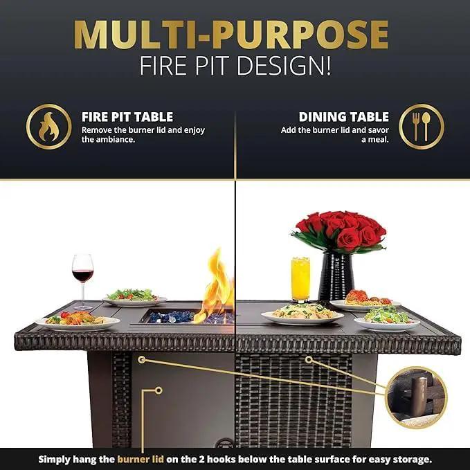42 Inch Outdoor Propane Fire Pit, 50,000 BTU Gas Fire Pit Table with Lid, Wind Guard, Cover, and Glass Stones, Brown Squre Rattan Gas Firepit Table for Patio, Terrace, Garden, CSA Certification by GreenHaven Gardens