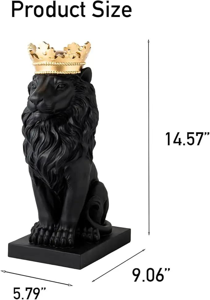 LCdecohome Lion Statue - Outdoor Collectible Figurine, 15 Inch Gold Crown Black Standing Lion Home Decor for Desk & Home Black Decor Gift by GreenHaven Gardens