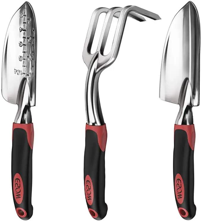 ESOW Garden Tool Set with Non-Slip Rubber Handle, 3 Piece Cast-Aluminum Heavy Duty Gardening Kit Includes Hand Trowel, Transplant Trowel and Cultivator Hand Rake, Red by GreenHaven Gardens