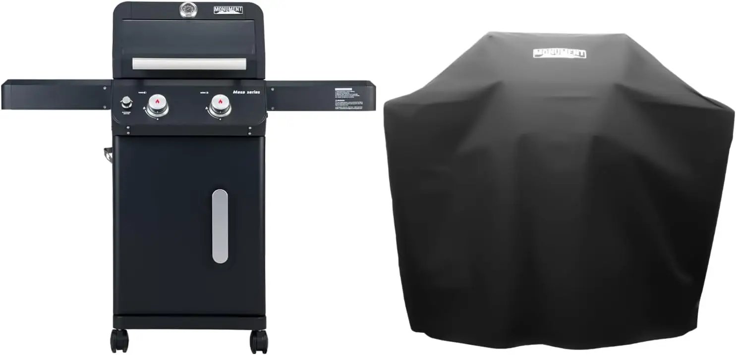 Monument Grills 2-Burner Foldable Stainless Steel Liquid Propane Gas Patio Garden Barbecue Grill with Clearview® Lid, Knob Control Mesa220 with BBQ Cover by GreenHaven Gardens