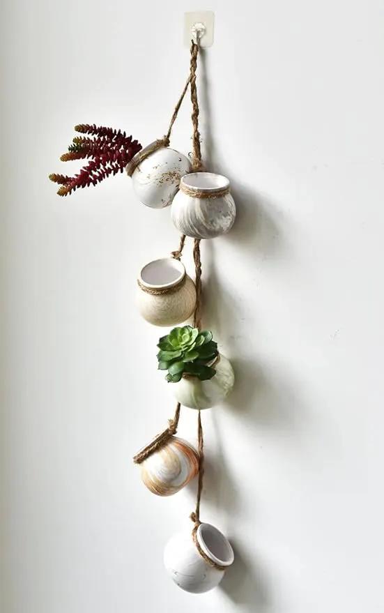 SOUJOY 6 Pack Hanging Succulent Planters, 4'' Mini Ceramic Wall or Ceiling Mount Dangling Plant Pot, Hanging Flower Pot with Jute Rope for Indoor Outdoor Decor, Light Beige by GreenHaven Gardens
