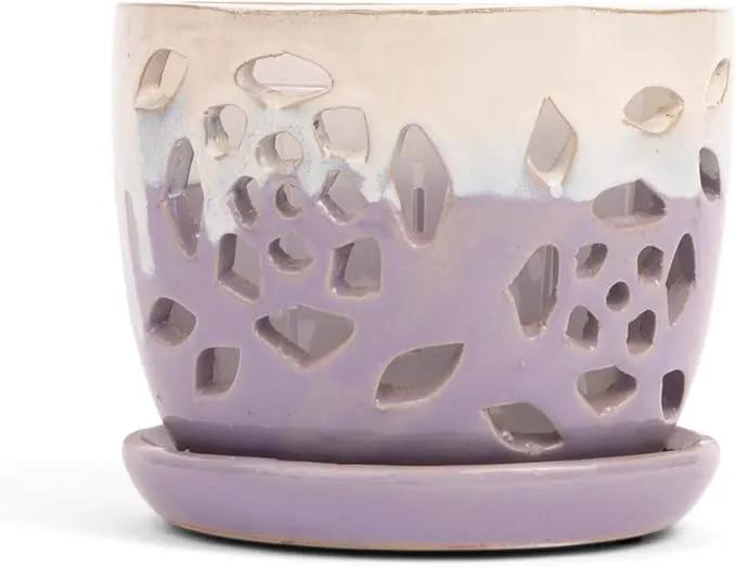 rePotme Orchid Pot - 5 inch Floral Cutout Ceramic Orchid Pot with Holes (Cream Over Lavender) - Includes 5 inch Slotted Pot Liner by GreenHaven Gardens