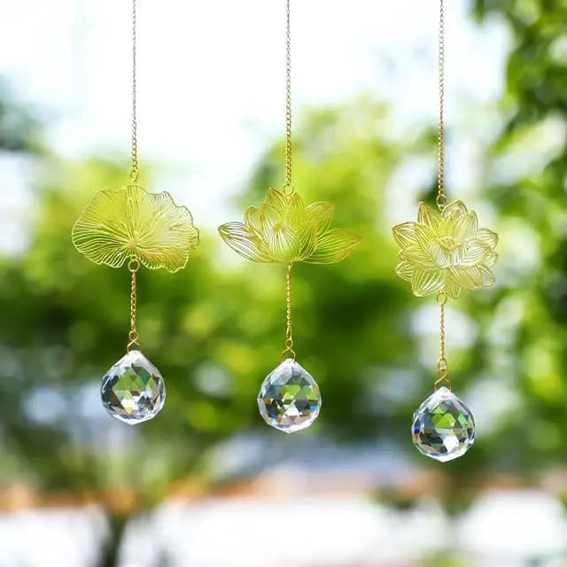 H&D HYALINE & DORA Suncatchers Lotus Leaf Pendant with Crystal Prisms Window Hang Sun Catcher Ornament Rainbow Maker for Home Garden Rearview Mirror Charms, Pack of 3