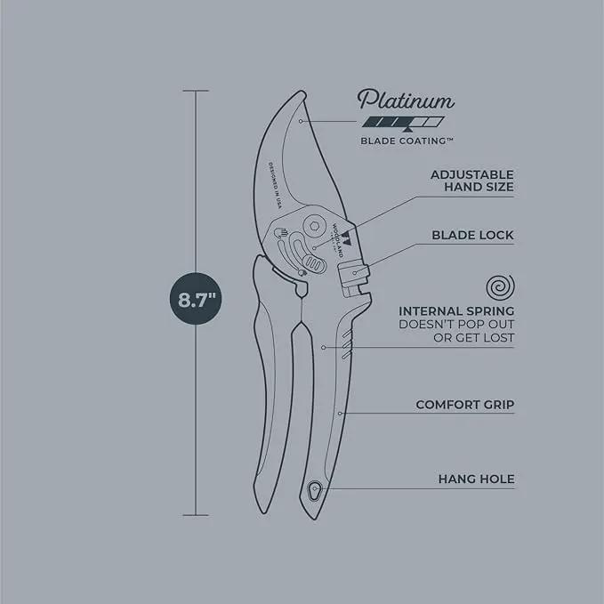 Woodland Tools Co. Heavy Duty Bypass Pruning Shears – 5/8" Cut Capacity, High Carbon Steel Blade, Internal Spring, Adjustable Grip Slider, Garden Hand Pruner for Plants, Shrubs, and Live Stems by GreenHaven Gardens
