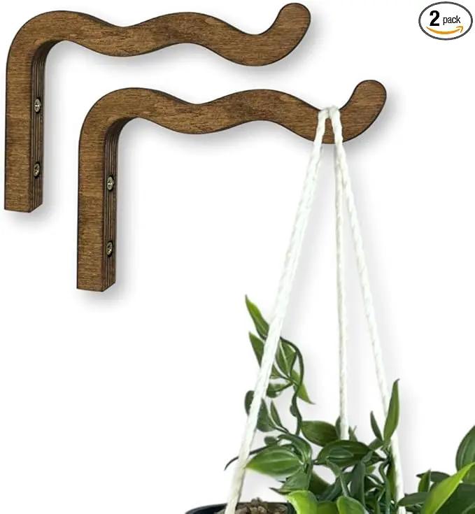 2-Piece Set of Wavy Wooden Wall Planters for Indoor Plants 6 Inch - Natural Plant Hook for Wall Plant, Wind Chimes, Flower Brackets, Patio Garden Decorations - Bracket Plant Hanger (Walnut) by GreenHaven Gardens