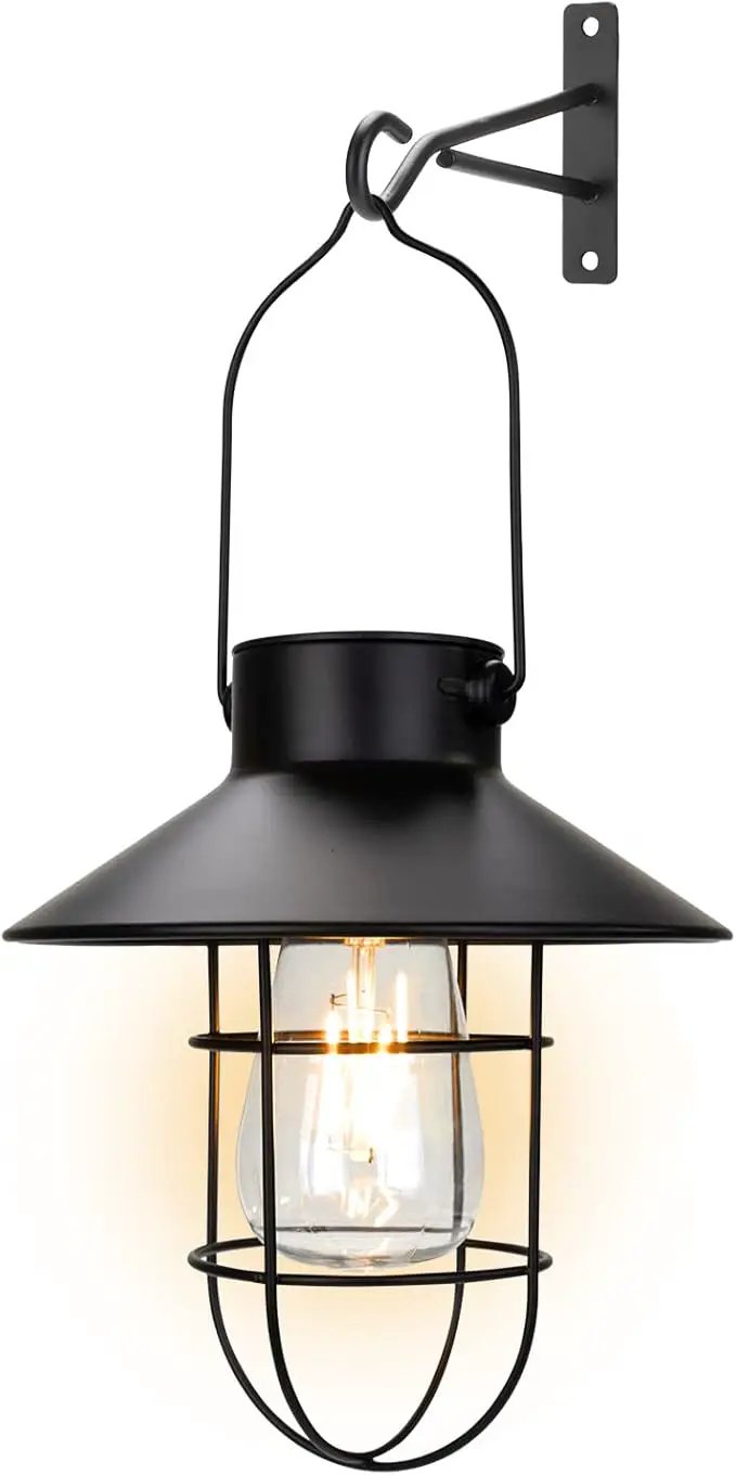 pearlstar Solar Lanterns Outdoor Metal Solar Powered Hanging Lights Waterproof for Wall Yard Garden Patio Garage Balcony Porch Fence Decor, Warm White Edison Bulb,with Wall Mount Kit（Black-1pack） by GreenHaven Gardens